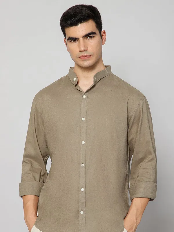 French_Linen_Blend_Relaxed_Fit_Khakhi_Men_S_Shirt