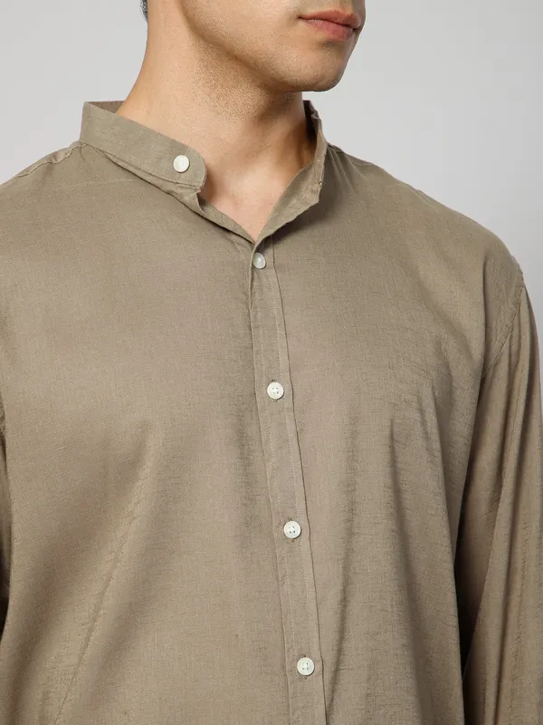 French_Linen_Blend_Relaxed_Fit_Khakhi_Men_S_Shirt