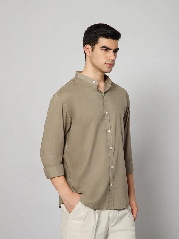 French_Linen_Blend_Relaxed_Fit_Khakhi_Men_S_Shirt