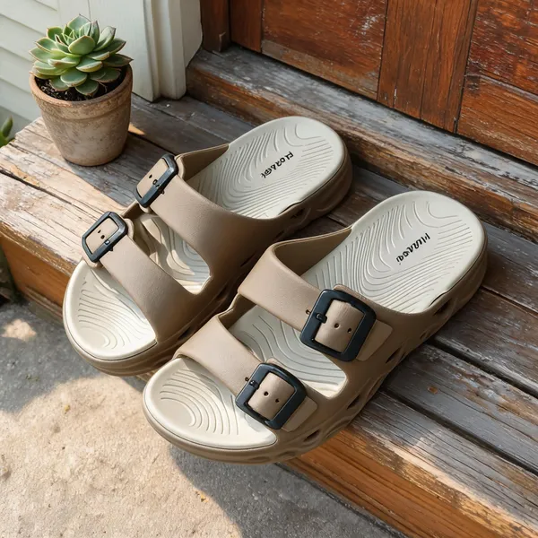 Beige_Double_Buckle_Flat_Strap_Sandals_For_Men