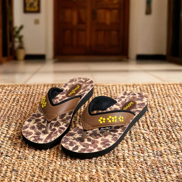 Brown_Floral_Print_Thong_Flip_Flops_For_Women