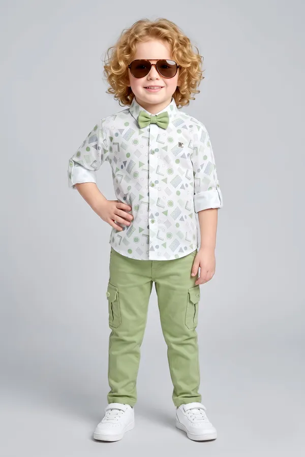 White_Printed_Shirt_And_Green_Cargo_Pants_Set_For_Boys