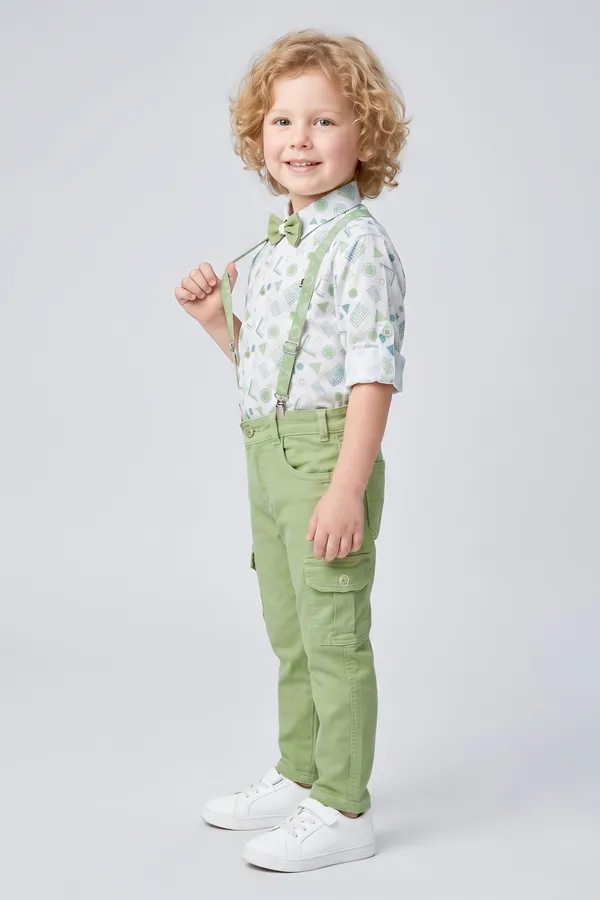 White_Printed_Shirt_And_Green_Cargo_Pants_Set_For_Boys