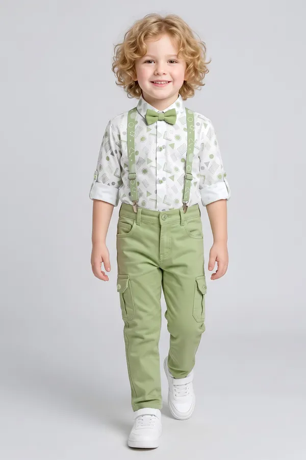 White_Printed_Shirt_And_Green_Cargo_Pants_Set_For_Boys