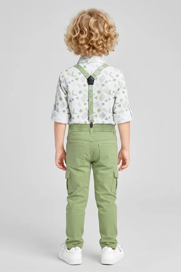 White_Printed_Shirt_And_Green_Cargo_Pants_Set_For_Boys