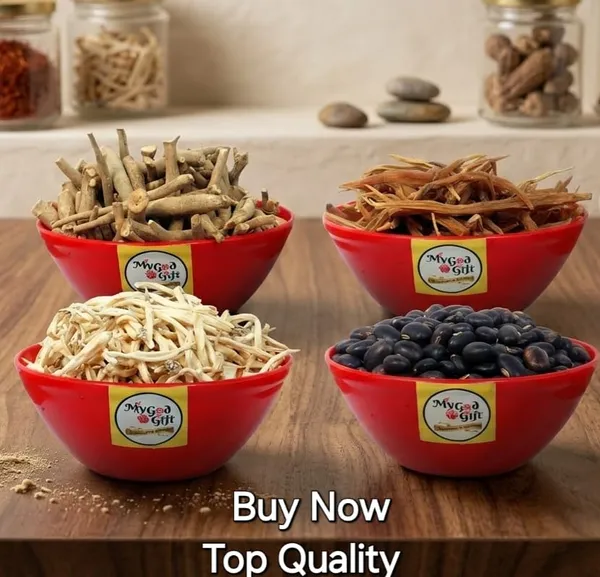 My_God_Gift_Shatavar,_Safed_Musli,_Ashwagandha_Kaunch_Beej_50_GM_EACH_200_gm_Pack_of_4