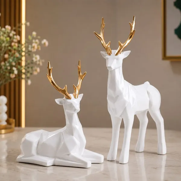 White_Deer_Figurine_Set_With_Gold_Antlers