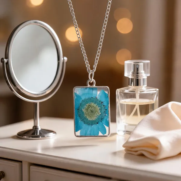 Silver_Resin_Blue_Floral_Rectangular_Pendant_Necklace_For_Women