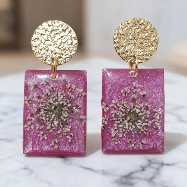 Pink_Resin_Dried_Floral_Rectangle_Drop_Earrings_For_Women