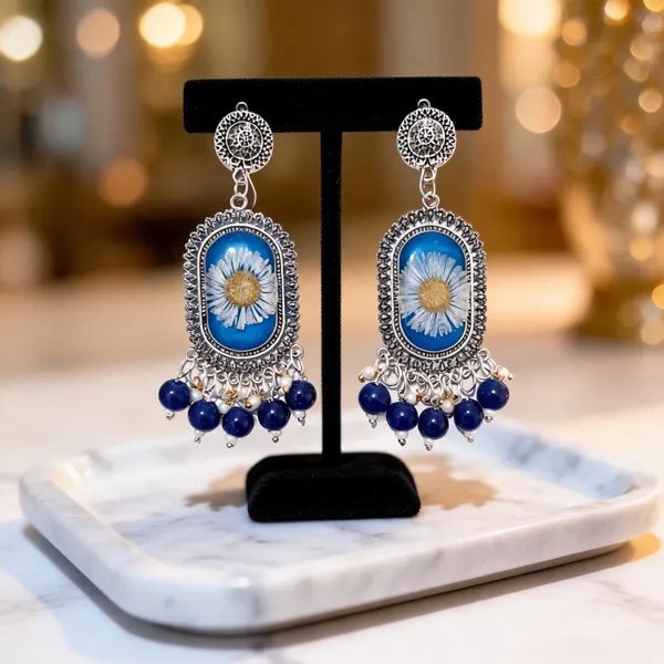 Blue_Silver_Tone_Floral_Rectangular_Drop_Earrings_For_Women