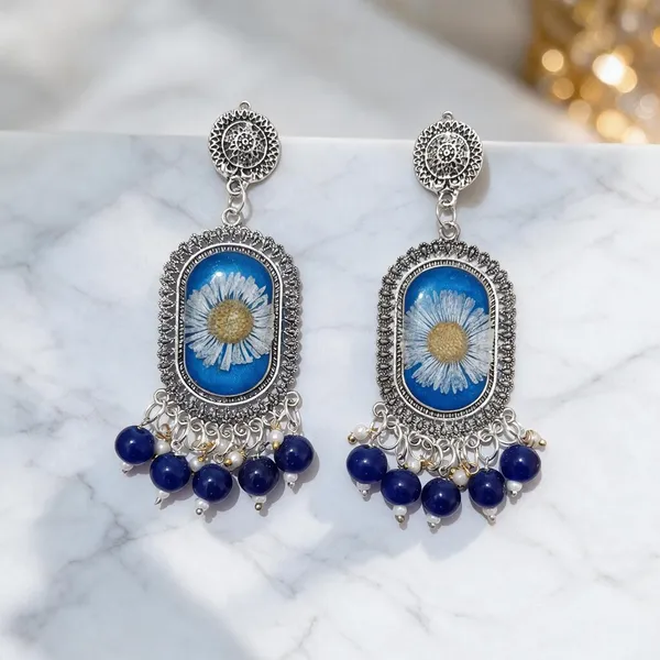 Blue_Silver_Tone_Floral_Rectangular_Drop_Earrings_For_Women