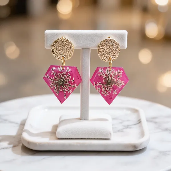 Pink_Resin_Dried_Floral_Geometric_Drop_Earrings_For_Women
