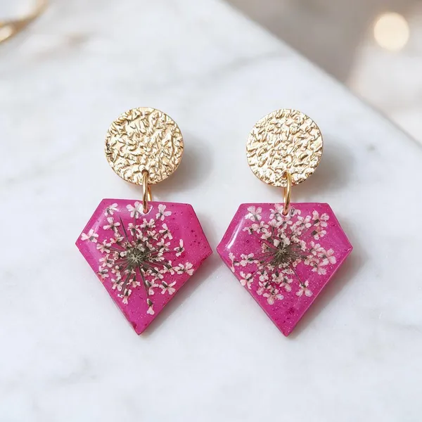 Pink_Resin_Dried_Floral_Geometric_Drop_Earrings_For_Women