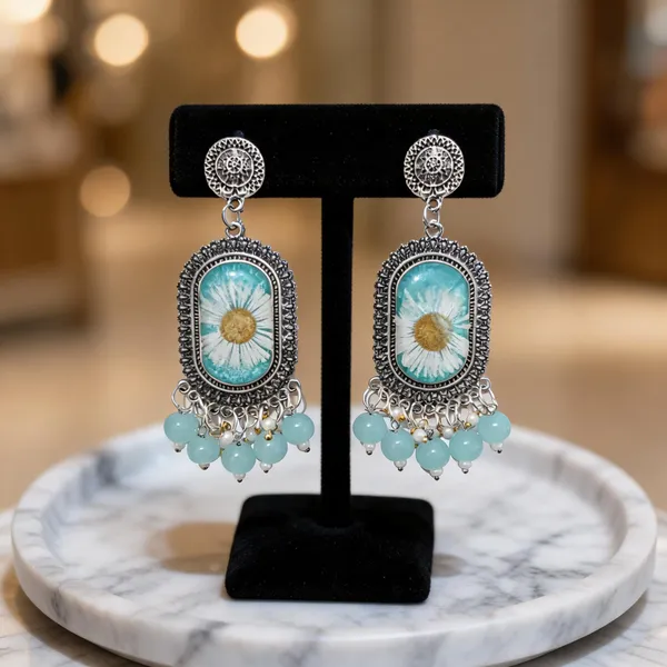 Turquoise_Oxidised_Metal_Resin_Floral_Drop_Earrings_For_Women