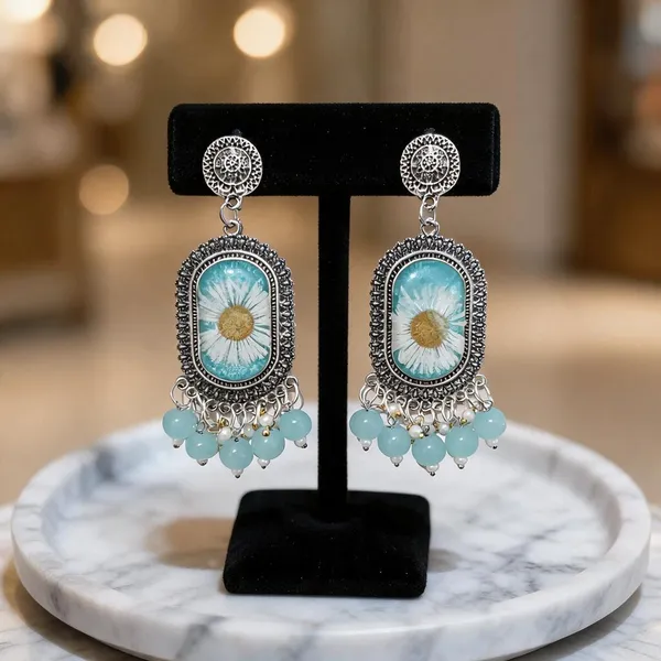 Turquoise_Oxidised_Metal_Resin_Floral_Drop_Earrings_For_Women
