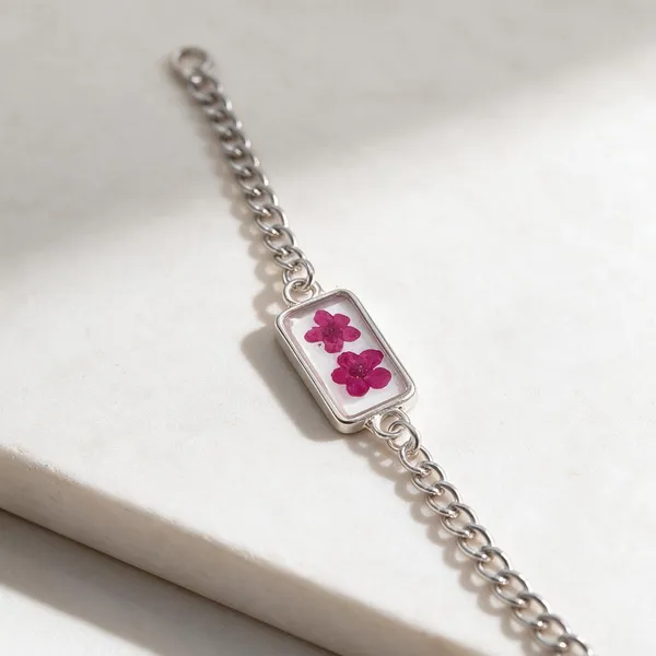 Silver_Pink_Brass_Resin_Floral_Rectangular_Charm_Bracelet_For_Women