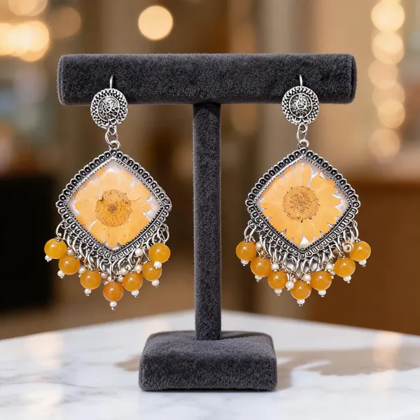 Yellow_Oxidised_Metal_Beaded_Floral_Drop_Earrings_For_Women