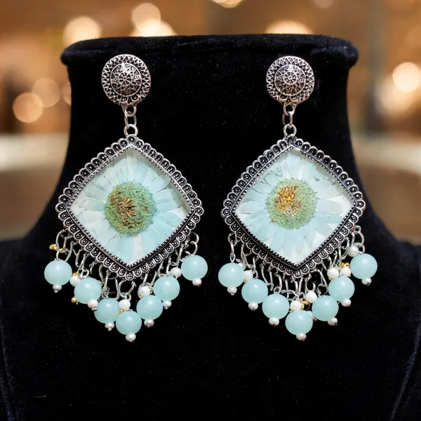 Aqua_Silver_Tone_Beaded_Floral_Square_Drop_Earrings_For_Women