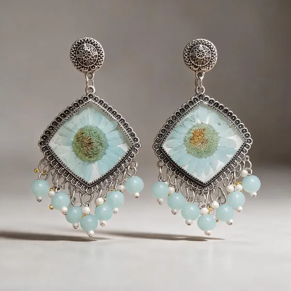 Aqua_Silver_Tone_Beaded_Floral_Square_Drop_Earrings_For_Women