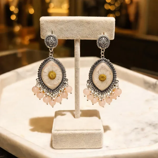 Off_White_Silver_Tone_Beaded_Floral_Teardrop_Earrings_For_Women