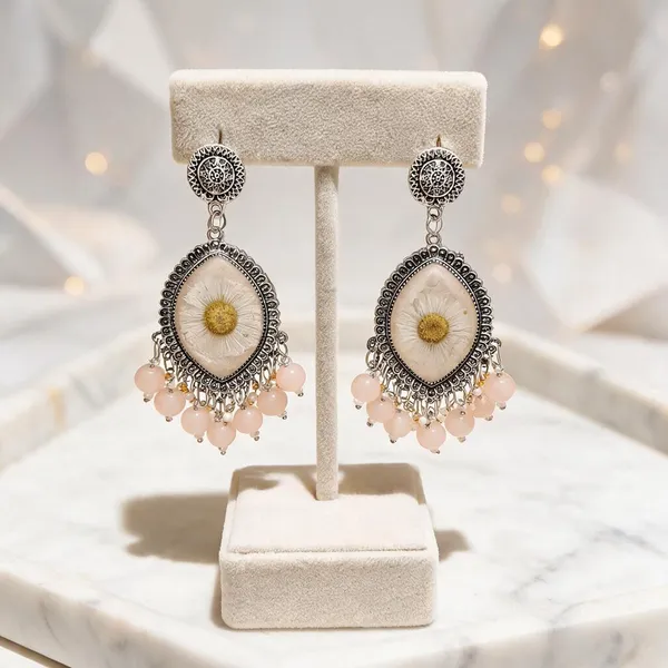 Off_White_Silver_Tone_Beaded_Floral_Teardrop_Earrings_For_Women