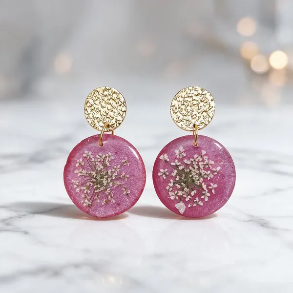 Pink_Resin_Dried_Floral_Round_Drop_Earrings_For_Women