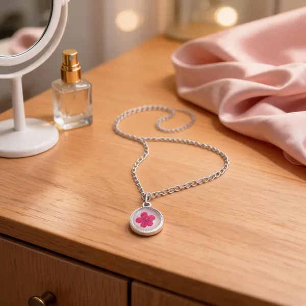 Silver_Brass_Resin_Pink_Floral_Round_Pendant_Necklace_For_Women