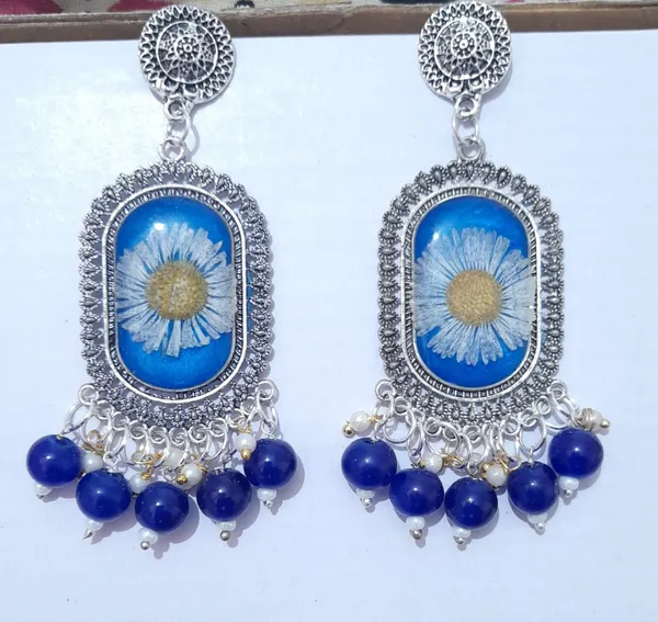Blue_Silver_Tone_Floral_Rectangular_Drop_Earrings_For_Women