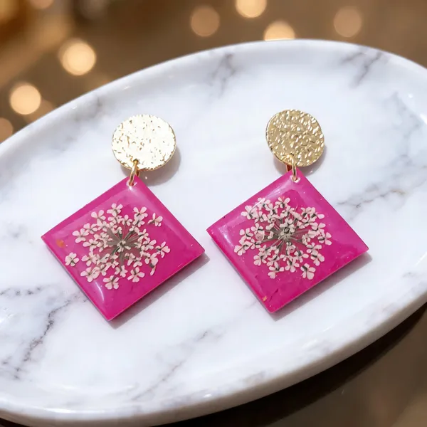 Pink_Resin_Floral_Square_Drop_Earrings_For_Women