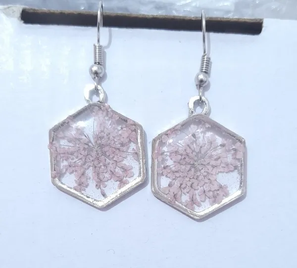 Pink_Resin_Floral_Hexagonal_Drop_Earrings_For_Women