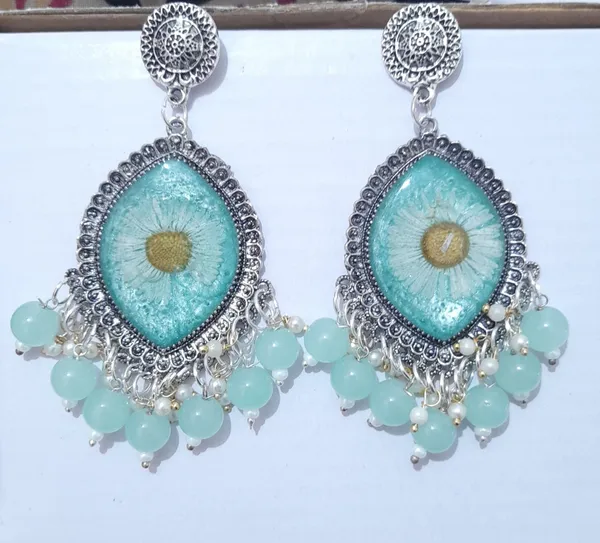 Sea_Blue_Oxidised_Silver_Tone_Resin_Floral_Drop_Earrings_For_Women