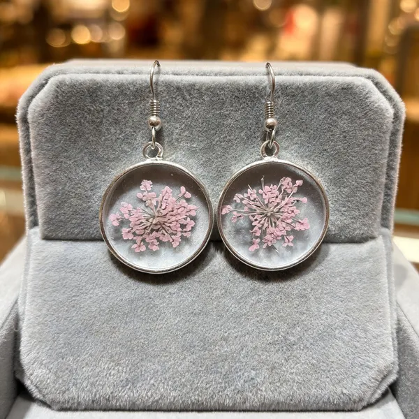 Silver_Pink_Resin_Floral_Round_Drop_Earrings_For_Women