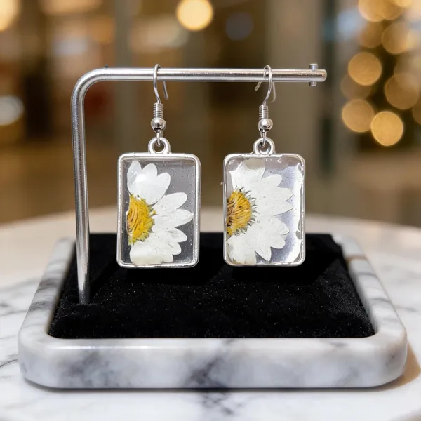 White_And_Yellow_Resin_Pressed_Daisy_Rectangular_Drop_Earrings_For_Women