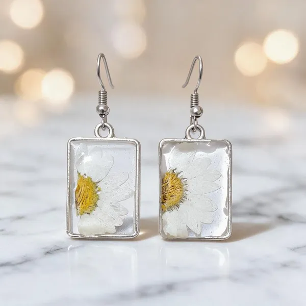White_And_Yellow_Resin_Pressed_Daisy_Rectangular_Drop_Earrings_For_Women