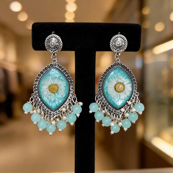 Sea_Blue_Oxidised_Silver_Tone_Resin_Floral_Drop_Earrings_For_Women