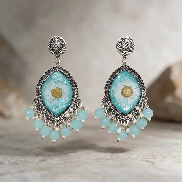 Sea_Blue_Oxidised_Silver_Tone_Resin_Floral_Drop_Earrings_For_Women