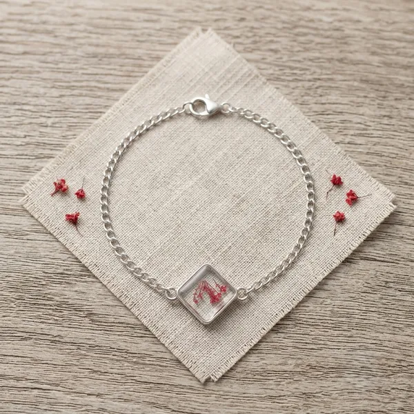 Silver_Brass_Resin_Red_Floral_Square_Charm_Bracelet_For_Women