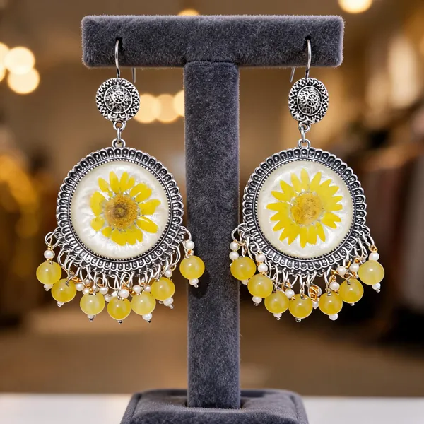 Yellow_Silver_Tone_Floral_Round_Drop_Earrings_For_Women