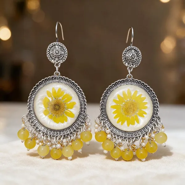 Yellow_Silver_Tone_Floral_Round_Drop_Earrings_For_Women
