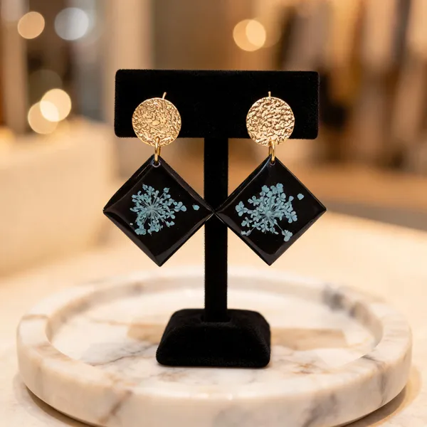 Black_Resin_Floral_Square_Drop_Earrings_For_Women