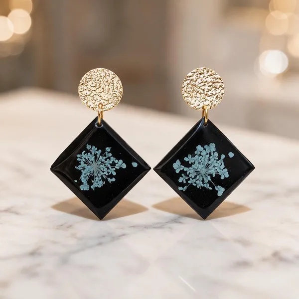 Black_Resin_Floral_Square_Drop_Earrings_For_Women