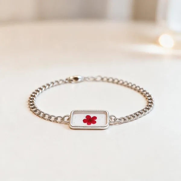Silver_Resin_Red_Floral_Rectangular_Chain_Bracelet_For_Women