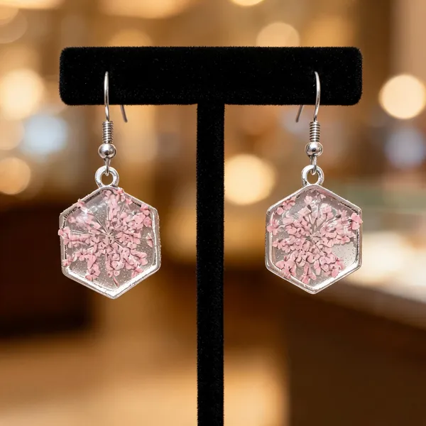 Pink_Resin_Floral_Hexagonal_Drop_Earrings_For_Women