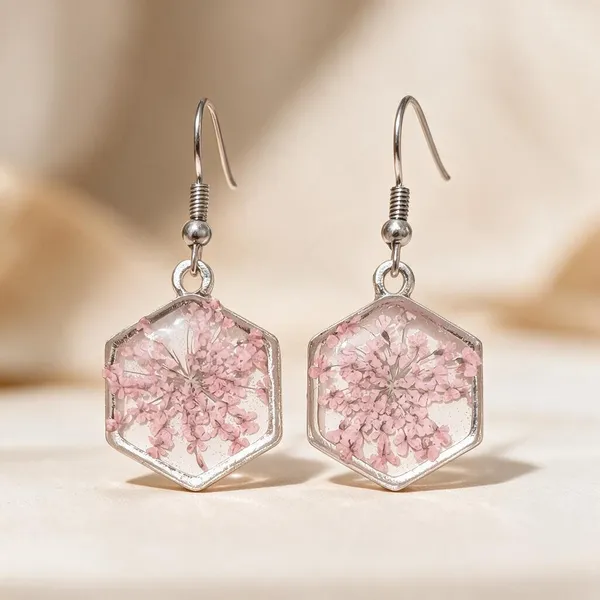 Pink_Resin_Floral_Hexagonal_Drop_Earrings_For_Women