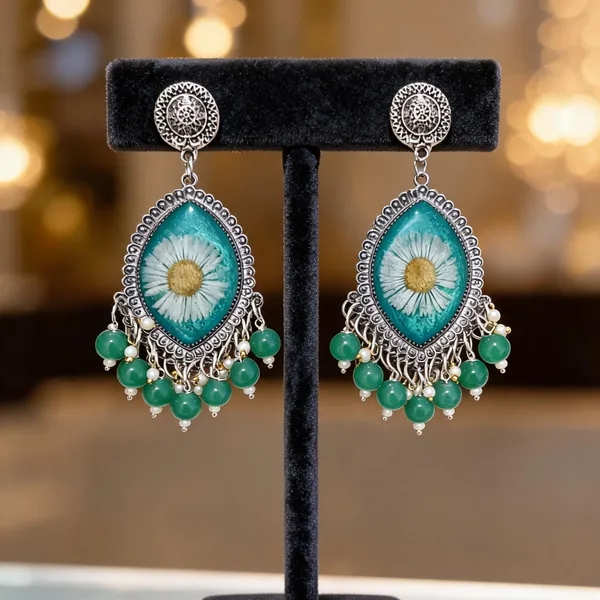 Turquoise_Silver_Tone_Floral_Teardrop_Dangle_Earrings_For_Women