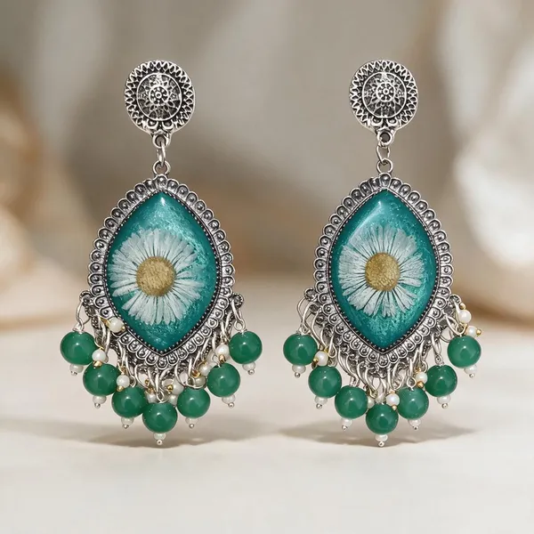 Turquoise_Silver_Tone_Floral_Teardrop_Dangle_Earrings_For_Women