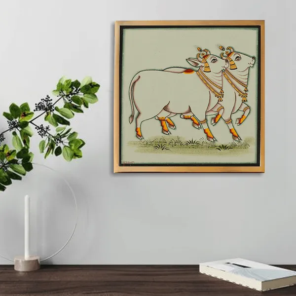 Pichwai_Painting_By_Mahesh_Vishnoi_With_Two_Cows_White_Background