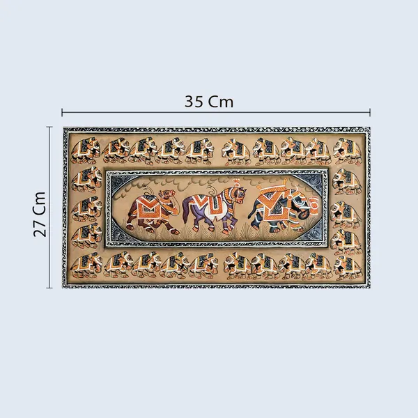 Miniature_Painting_Elephant_Camel_Horse_Right_Facing_White_Border_Brown_Background