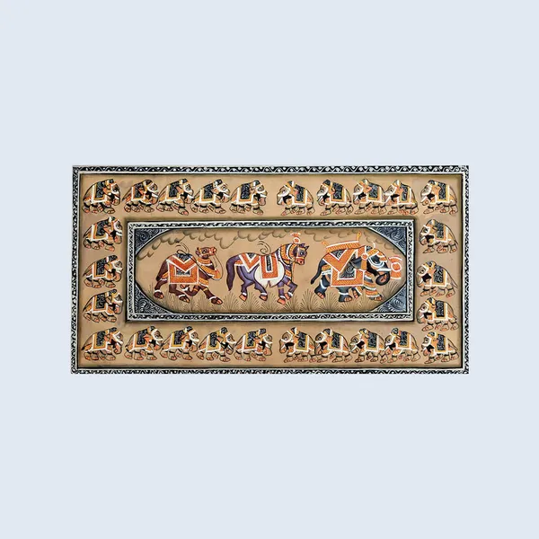 Miniature_Painting_Elephant_Camel_Horse_Right_Facing_White_Border_Brown_Background