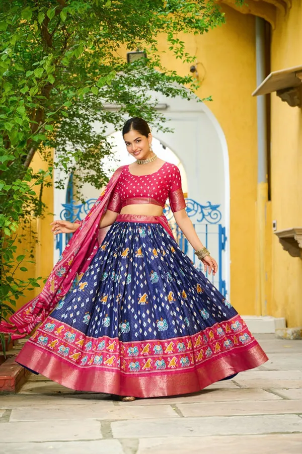 Womens_Blue_Lichi_Silk_Printed_with_Zari_Boarder_Lehenga_Choli_Set
